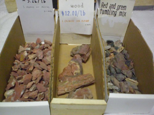 Tumblable red jasper, petrified wood, and red and 